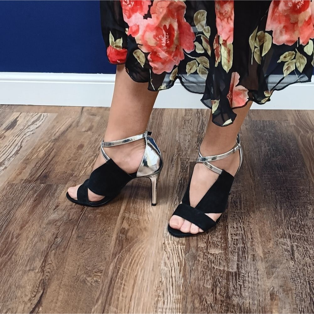 Calvin Klein  Nevah Back & Silver Sandal, Pump Size 7  3.75 inch Heel